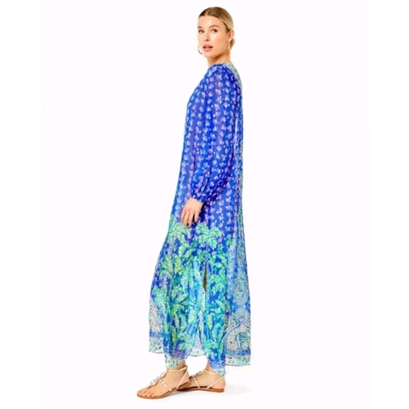 Lilly Pulitzer Jupiter Silk Maxi Caftan Blue Grotto SILK Fan Dress Sz L/Xl - Picture 1 of 9